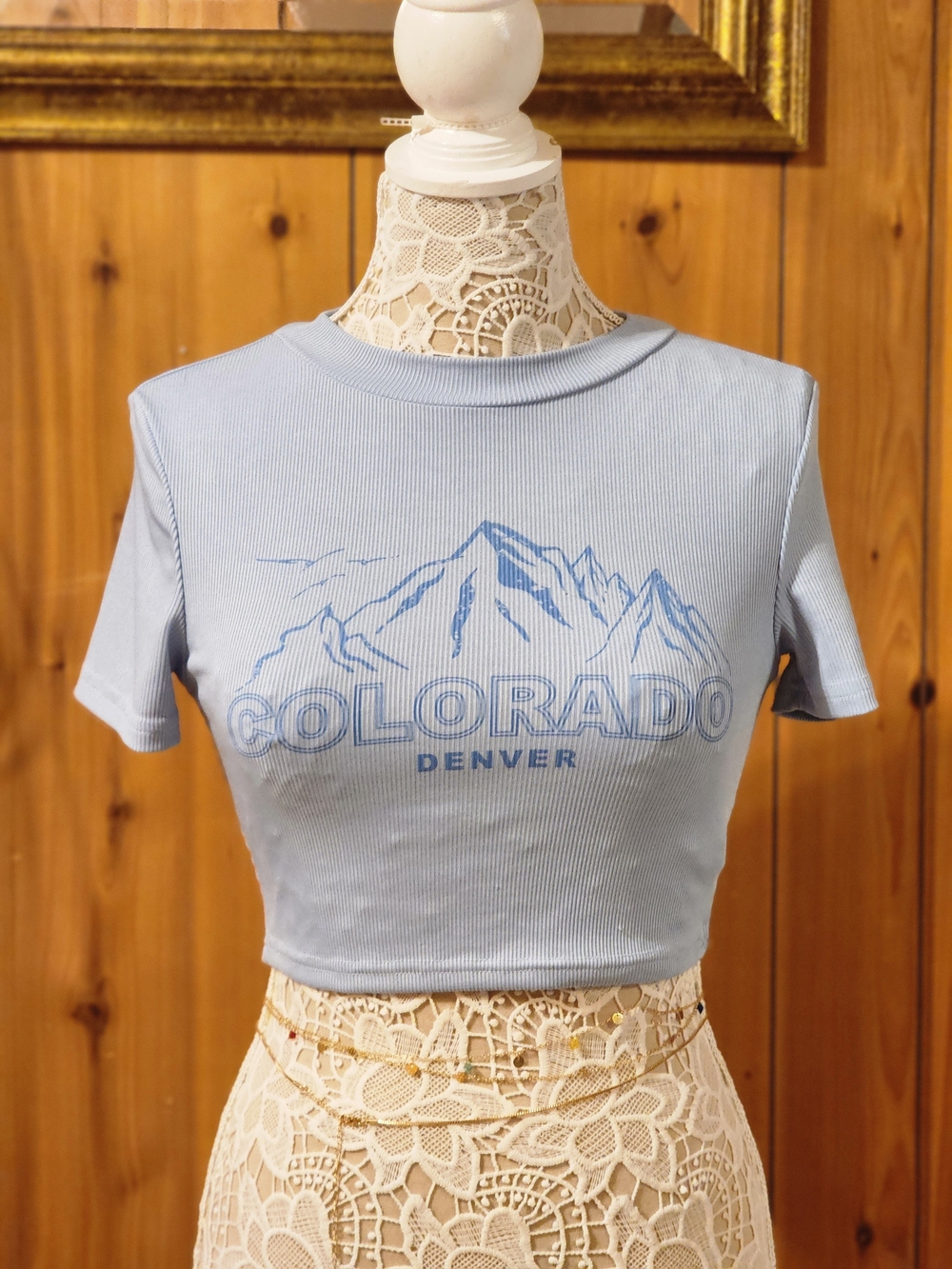 SHEIN Light Blue Colorado Denver Ribbed Crop Top